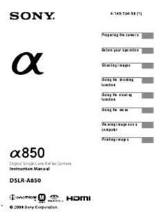 Sony A850 manual. Camera Instructions.